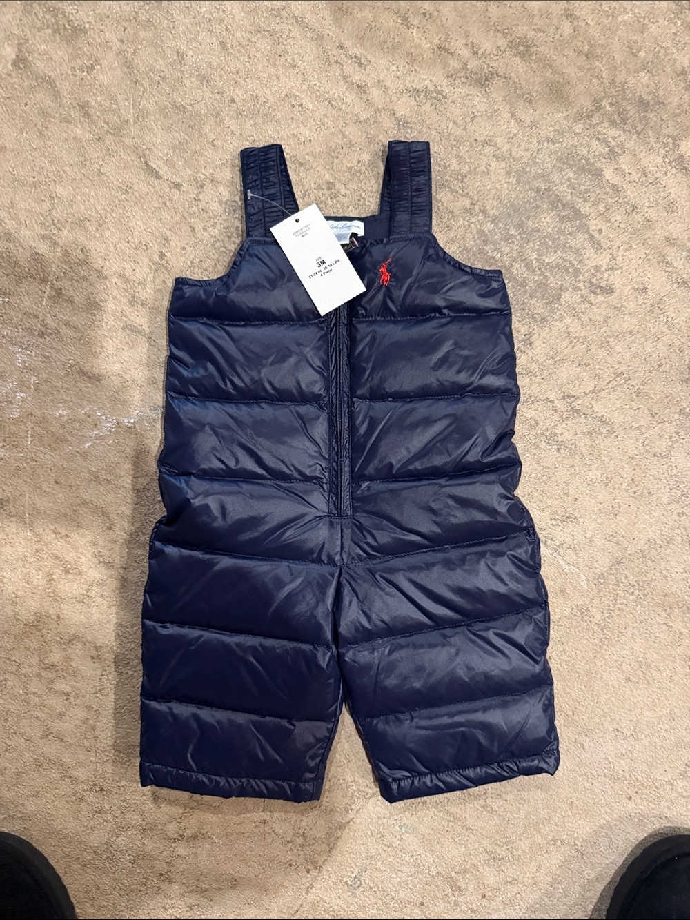 Ralph Lauren Navy Quilted Kids Puffer Overalls with Red Logo